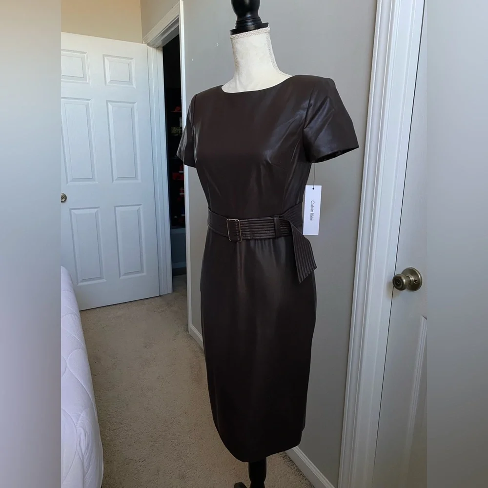 NWT Calvin Klein Belted Faux Leather Sheath Dress - Espresso Brown - Picture 3 of 16